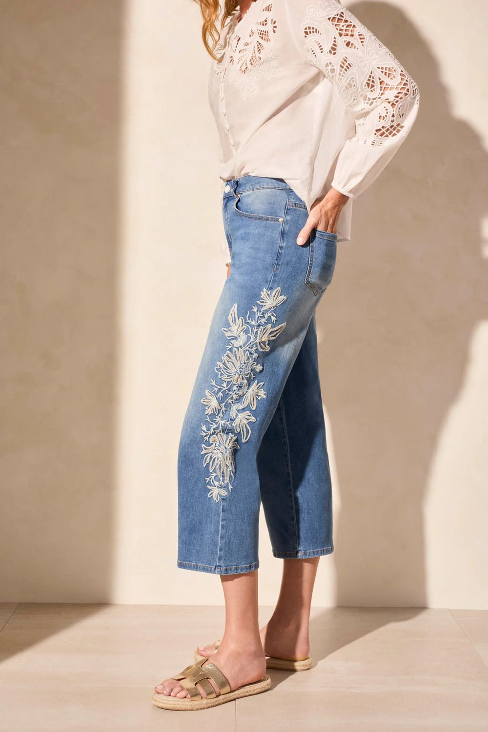 Embroidered Crop Jean , Color: Real Blue, Size: 6