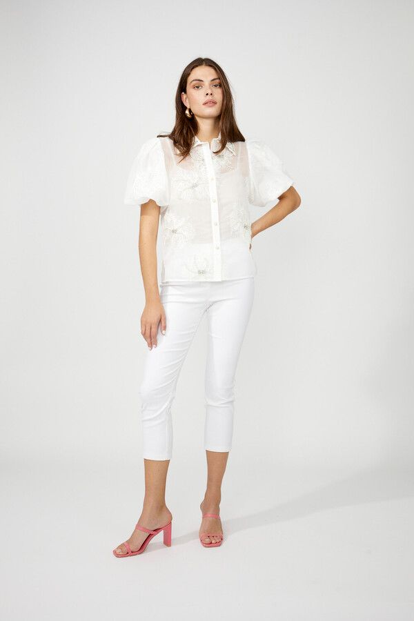 Sheer Floral Puff Sleeve Blouse, Color: White, Size: S