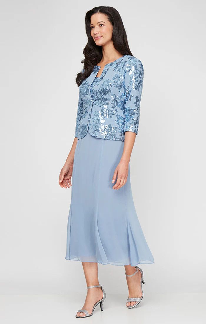 Sequin Mock Jkt w/ Chiffon Skirt , Color: DustyBlue, Size: 6