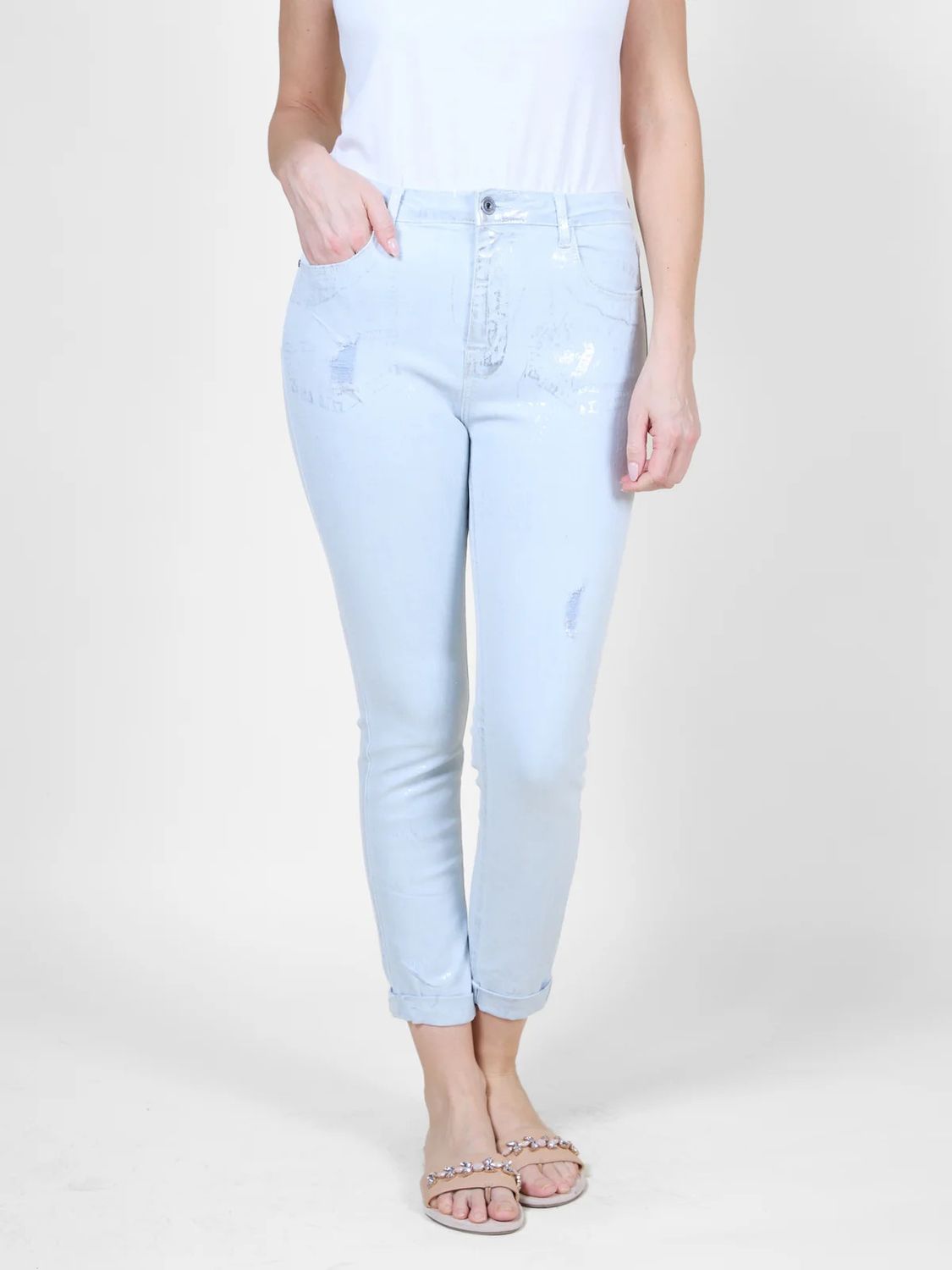 Subtle Silver Distress Skinny Jean , Color: AiryBlue, Size: S