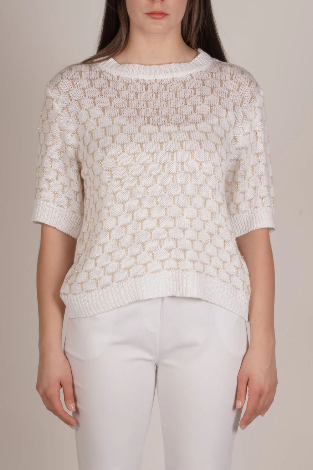 Geometric Lurex 3/4 Sleeve Sweater, Color: White/ Gold, Size: S