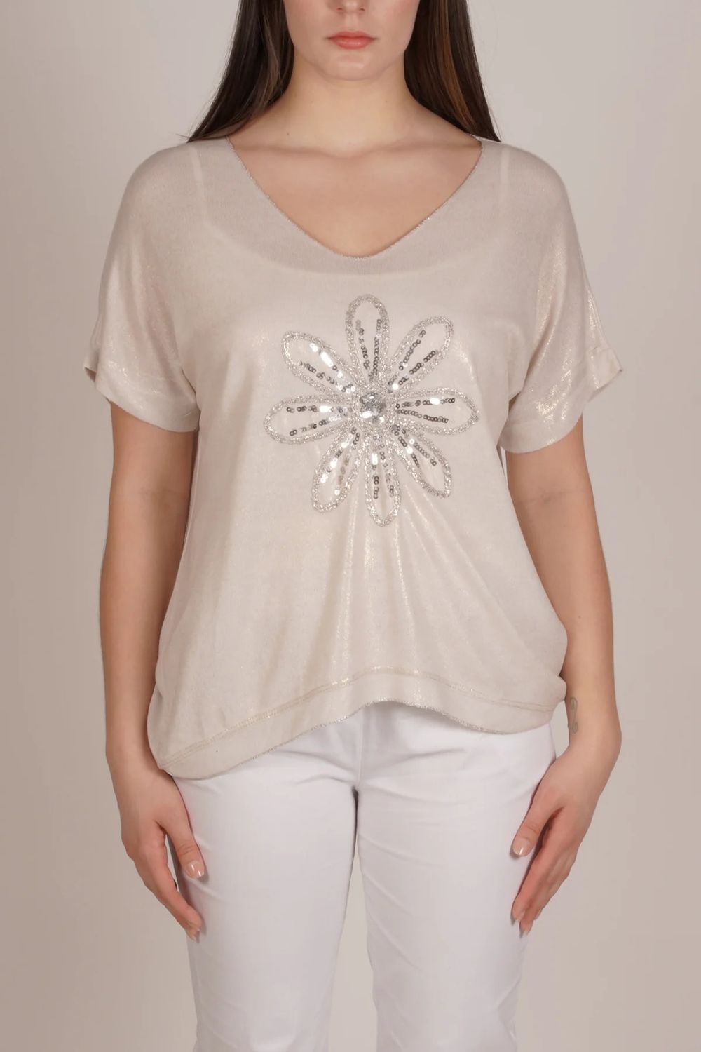 Sequin Daisy v-neck tee, Color: Sand, Size: S