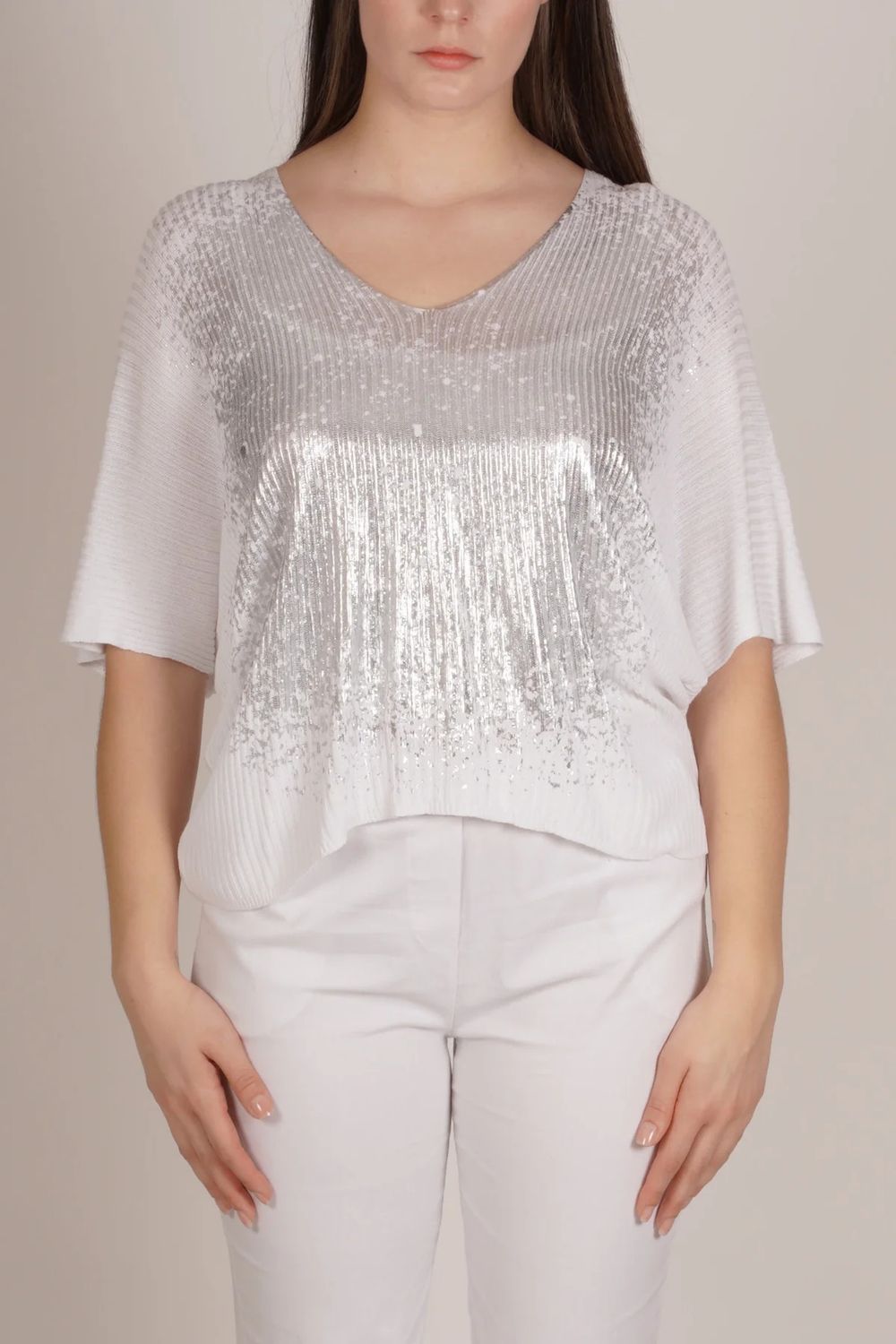 Drop Shoulder Foil Detail Top, Color: White/ Silver, Size: S