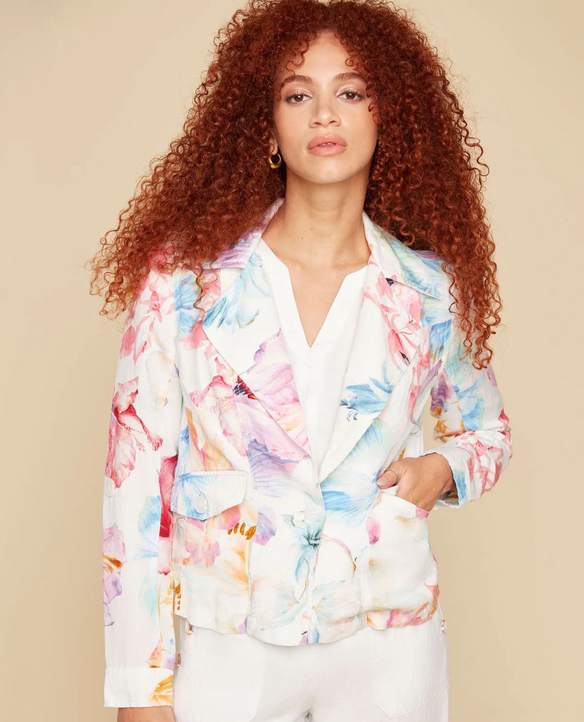 Floral Rolled Sleeve , Color: White/ Mix, Size: S