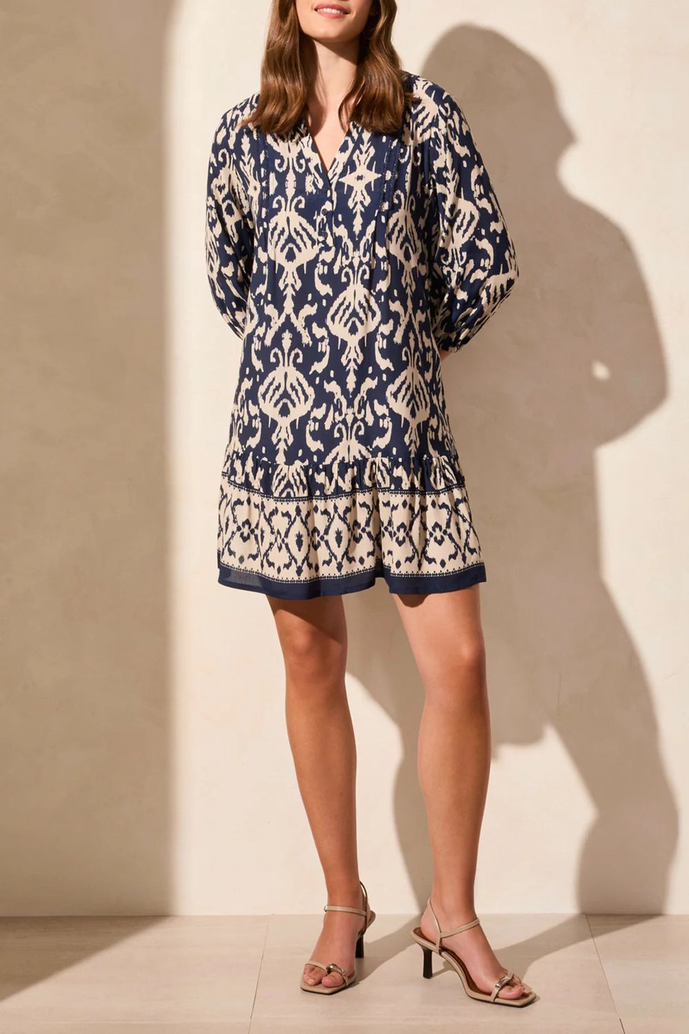 Printed 3/4 Frill Hem Dress, Color: JetBlue, Size: XS