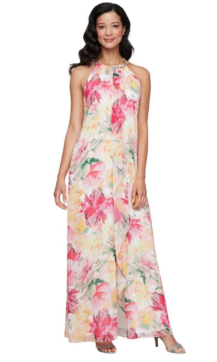Halter Neck Floral Front Slit Dress, Color: Pink/ Multi, Size: 6