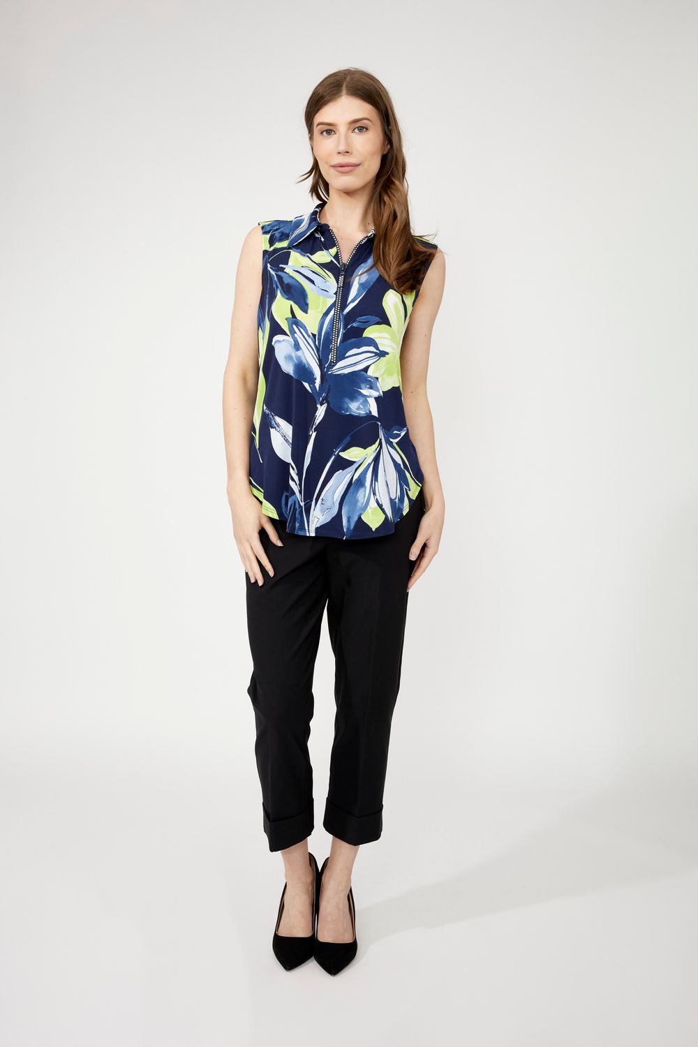 Floral Sleeveless Zip Detail Top, Color: Navy/ Lime, Size: 10