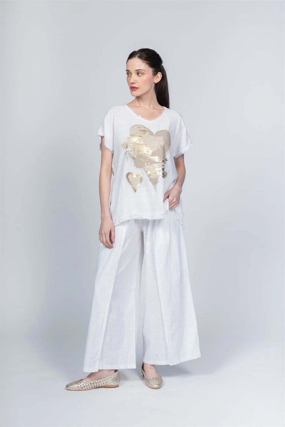 Fringe Metallic Heart T-Shirt, Color: White, Size: S