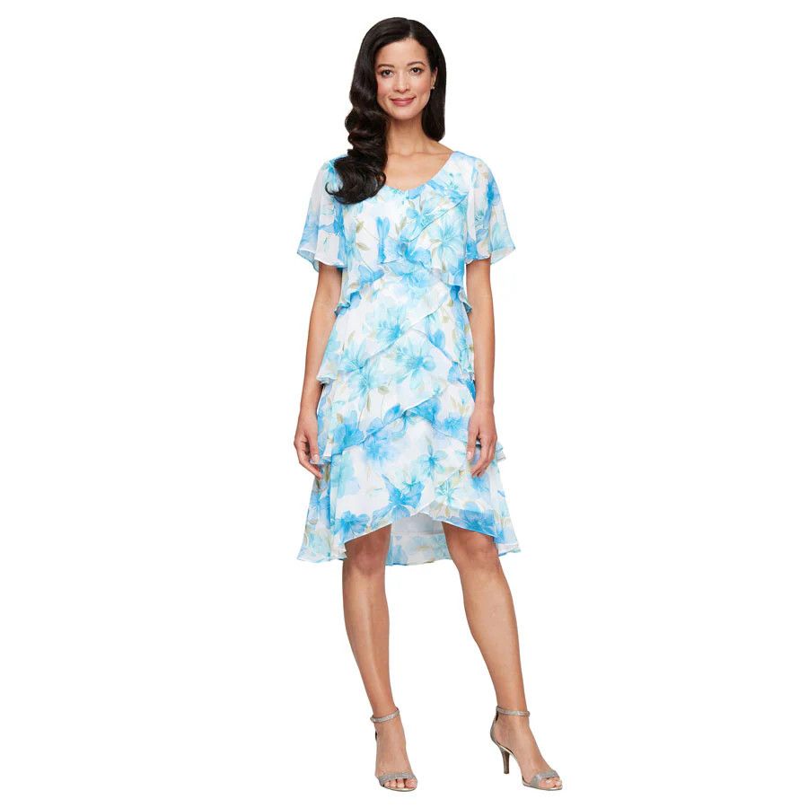 Chiffon Floral Tiered Dress, Color: Ivory/Blue, Size: 10