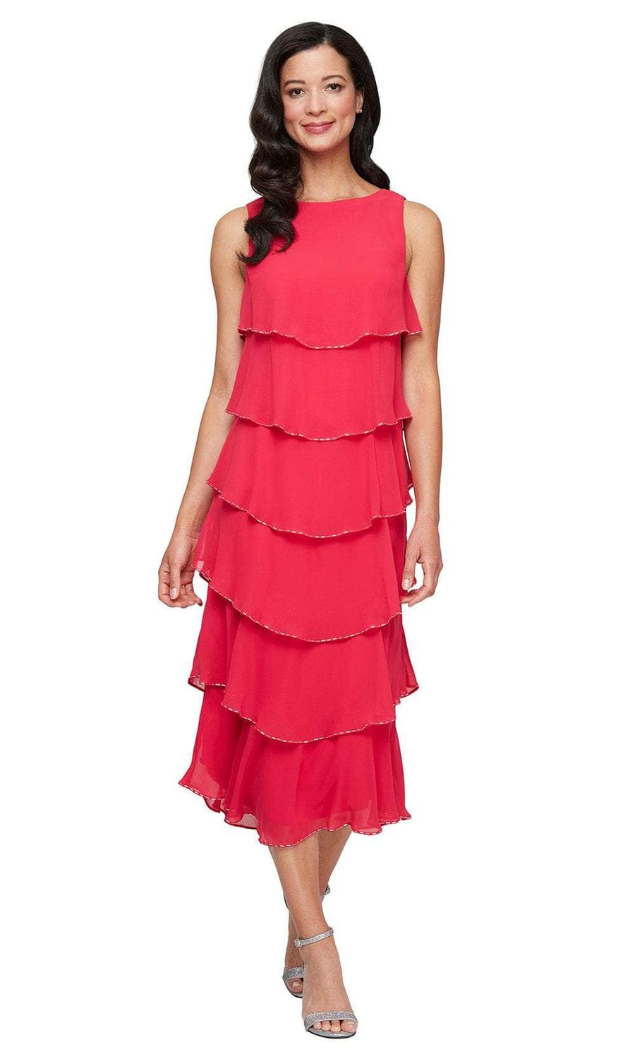 Sleeveless Tiered Tea Length Dress, Color: Watermelon, Size: 12