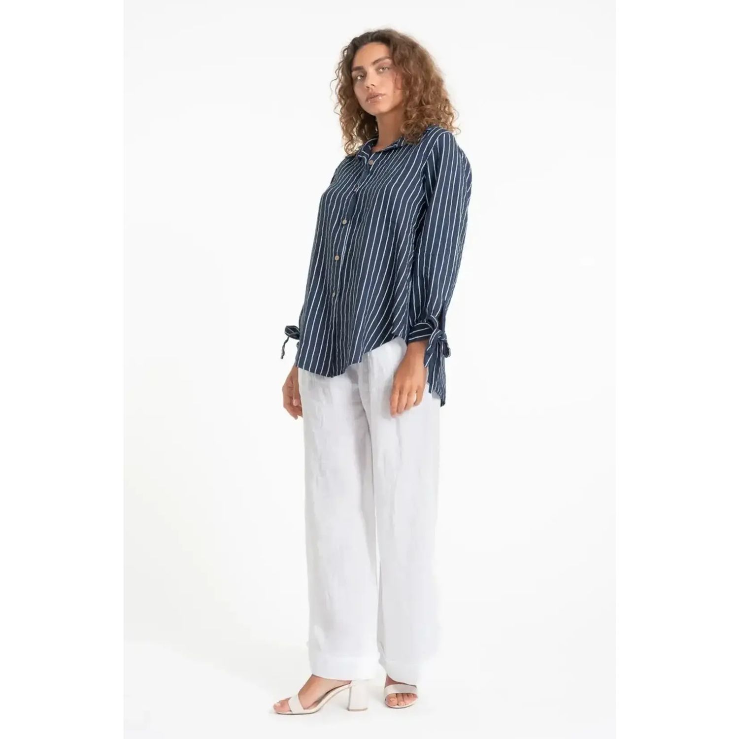 French Linen Stripe Button-Up Blouse, Color: Navy Blue, Size: L