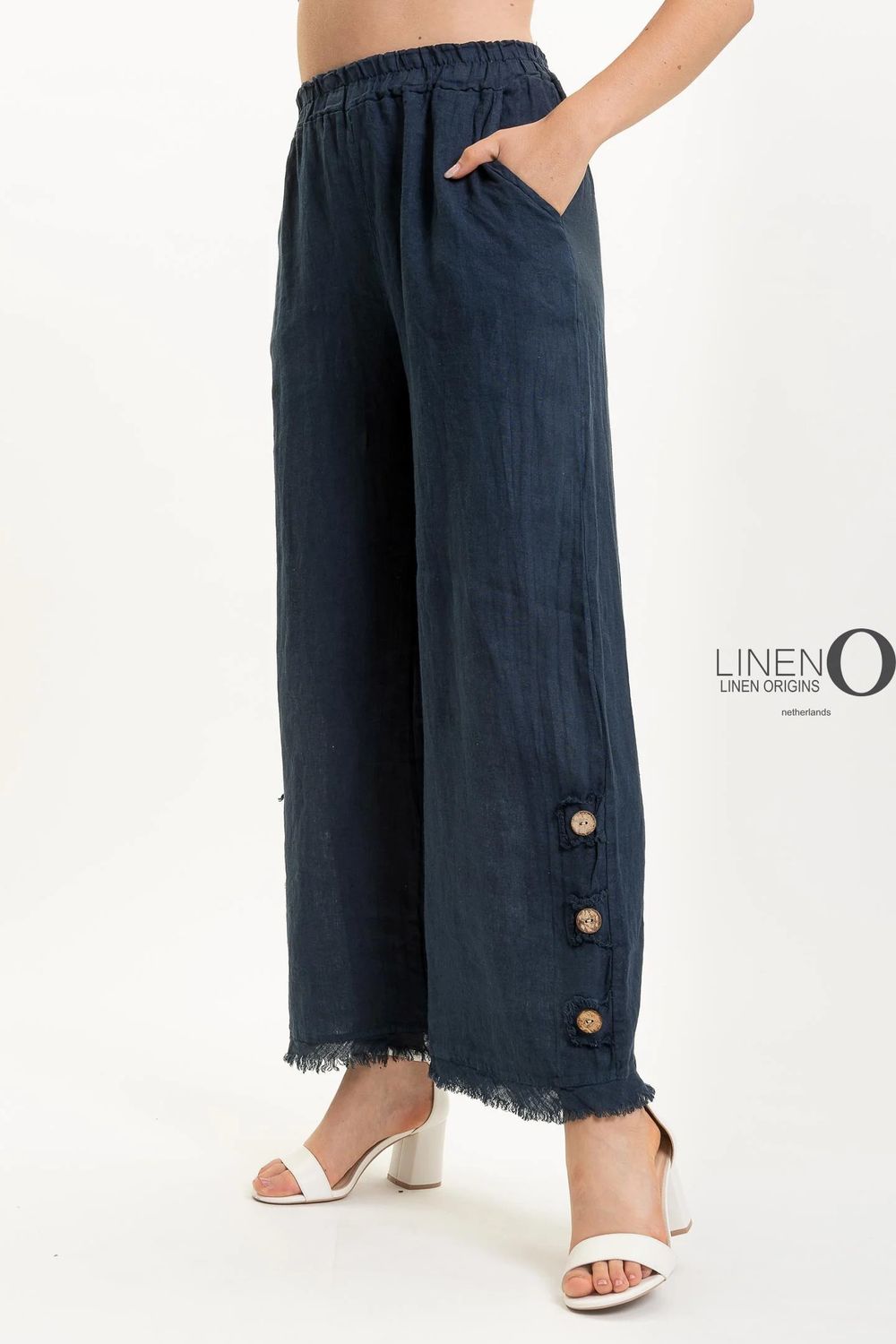 French Linen Pant w/ Button Detail, Color: Navy, Size: XS