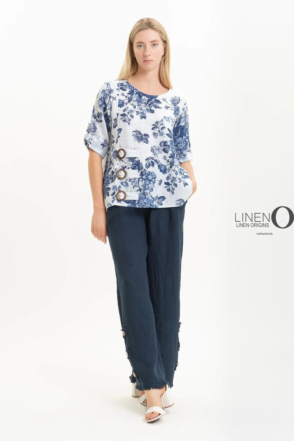 French Linen Floral Tunic, Color: White/ Navy, Size: XS
