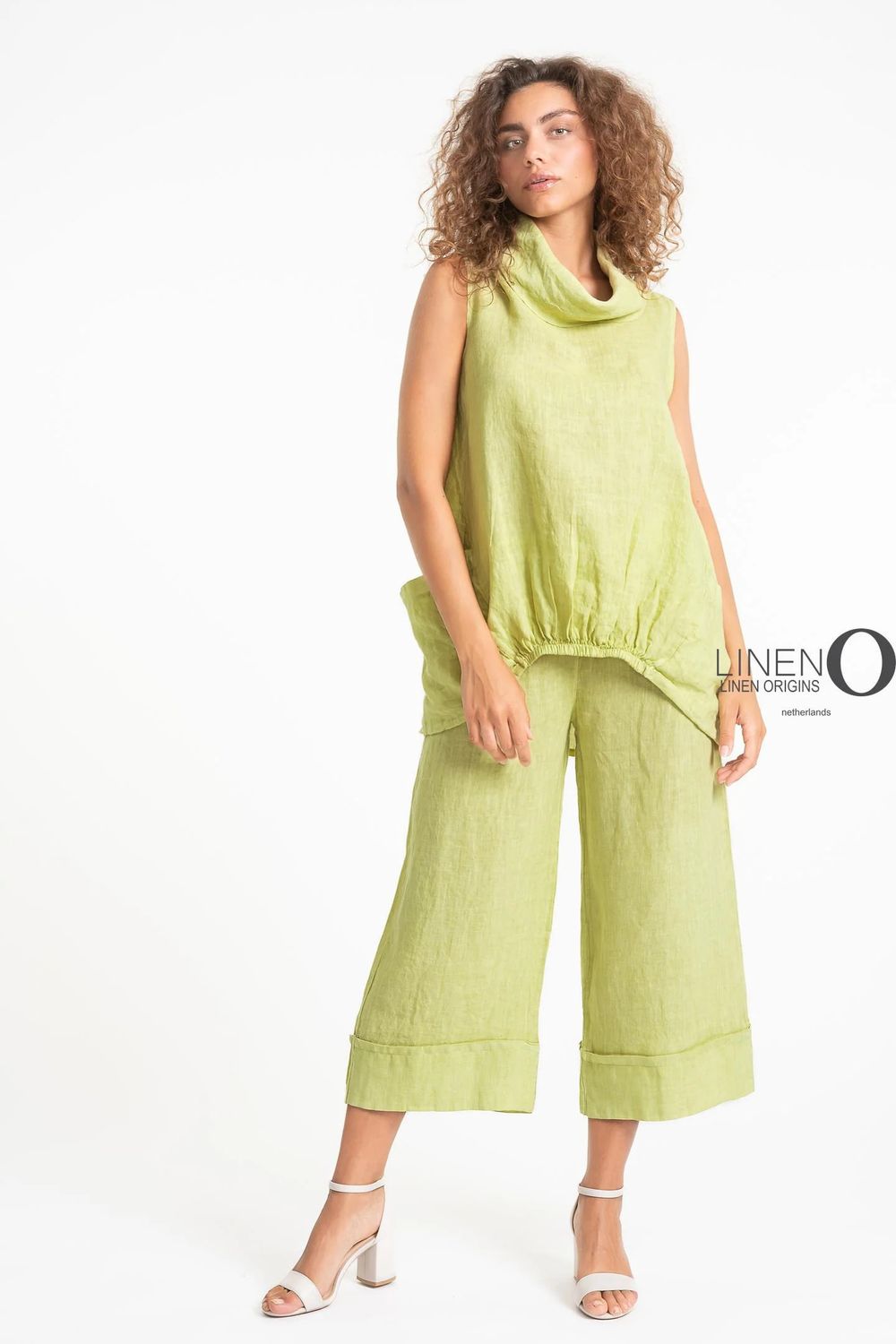 Sleeveless Linen Cowl Neck Top, Color: Wasabi, Size: S