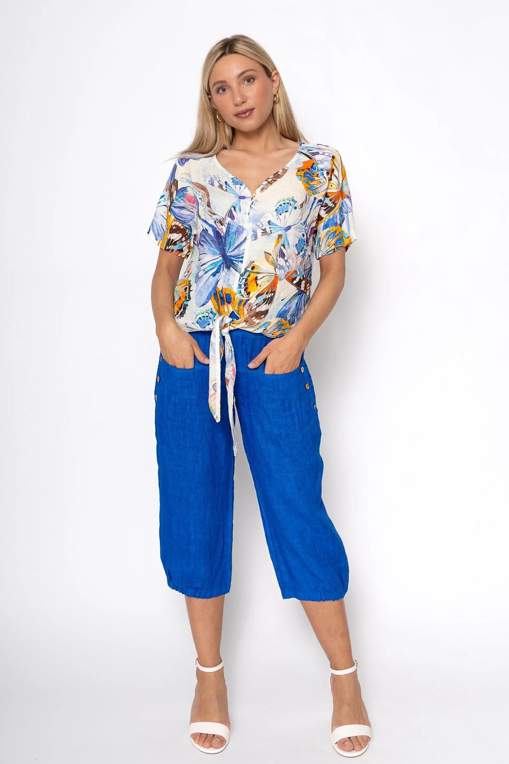 Summer Print Button-Up Tie detail, Color: Royal Mix, Size: S