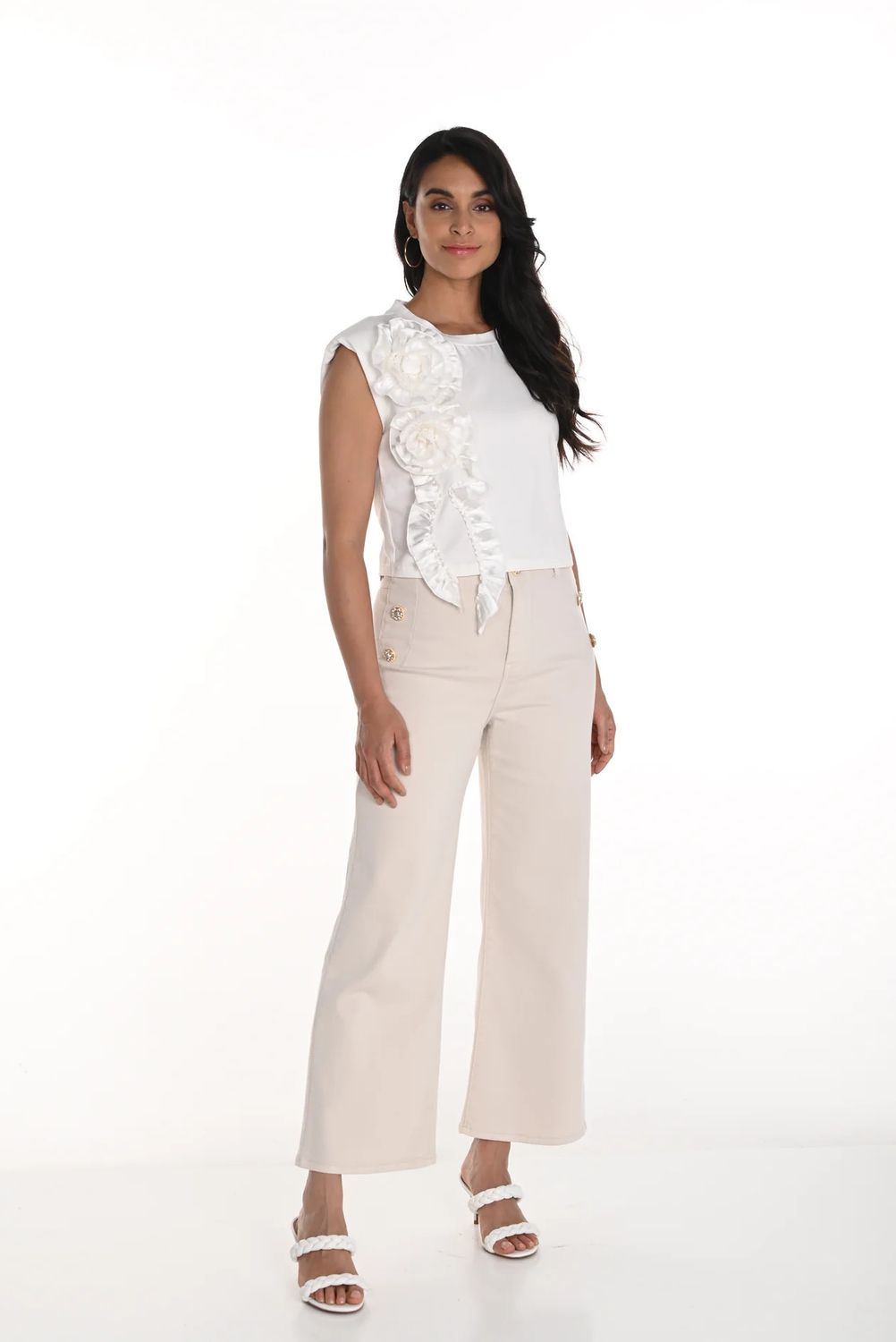 Chic Embellished Button Detail Jean, Color: Beige, Size: S