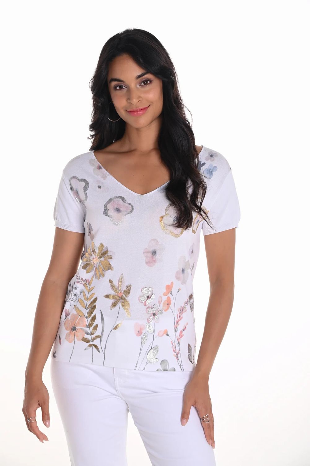 Foil Floral Print Top, Color: White/ Mix, Size: XS