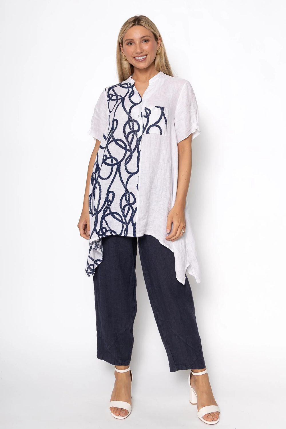 One Side Print Button Blouse, Color: White/ Blue, Size: S
