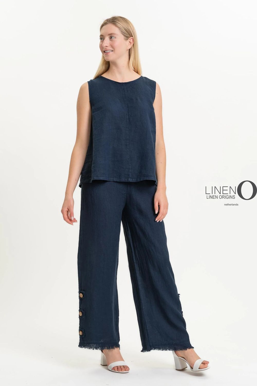 French Linen High-neck Tank, Color: Navy, Size: S