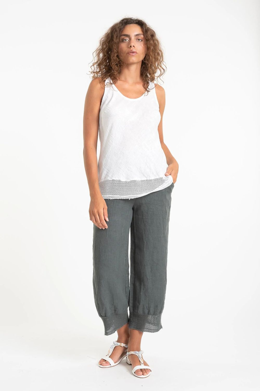 French Linen Mesh Hem Tank, Color: White, Size: XS