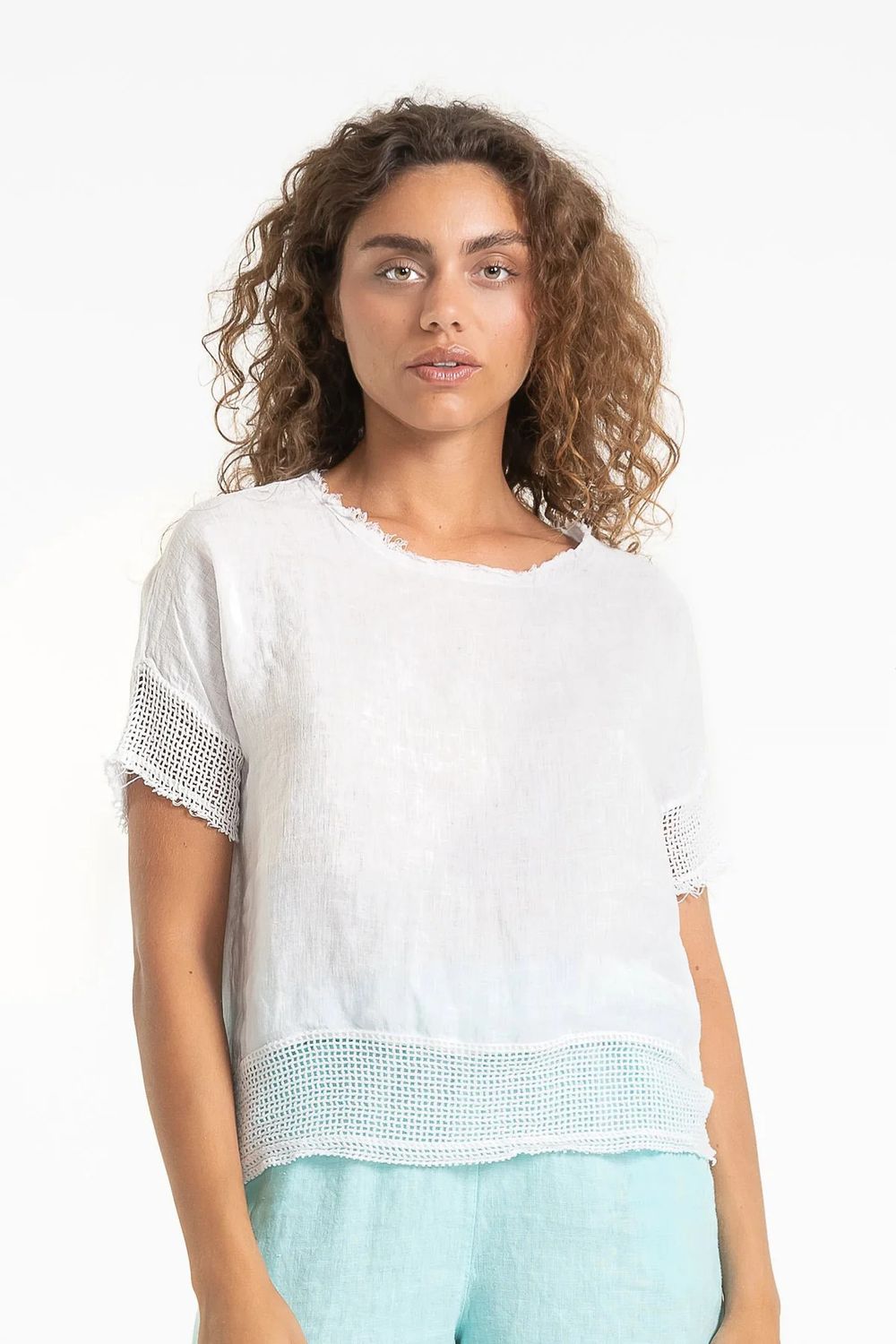 Raw Edge Mesh Trim T-shirt , Color: White, Size: XS