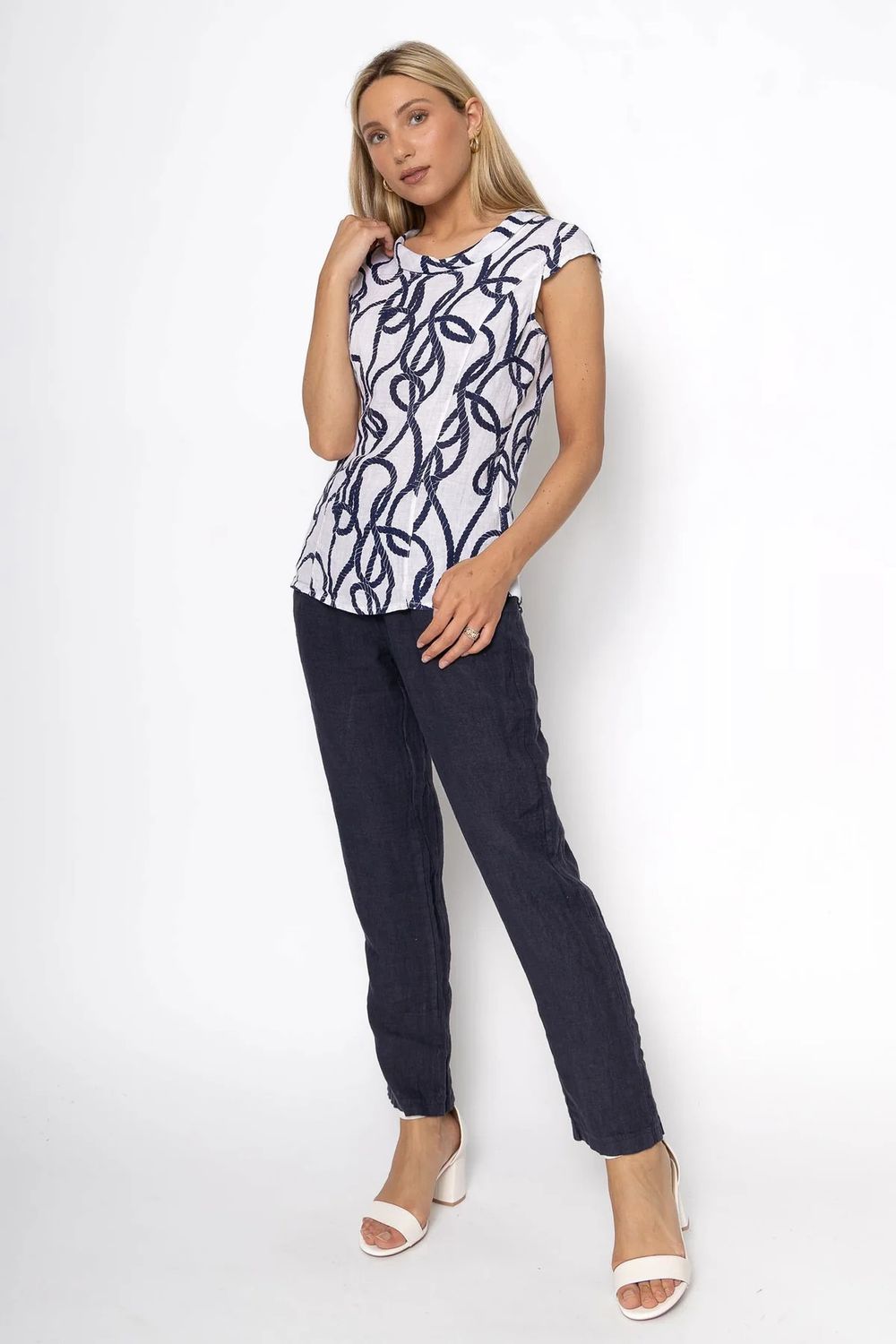 Soft Cowl French Linen Top, Color: White/ Nautical, Size: M