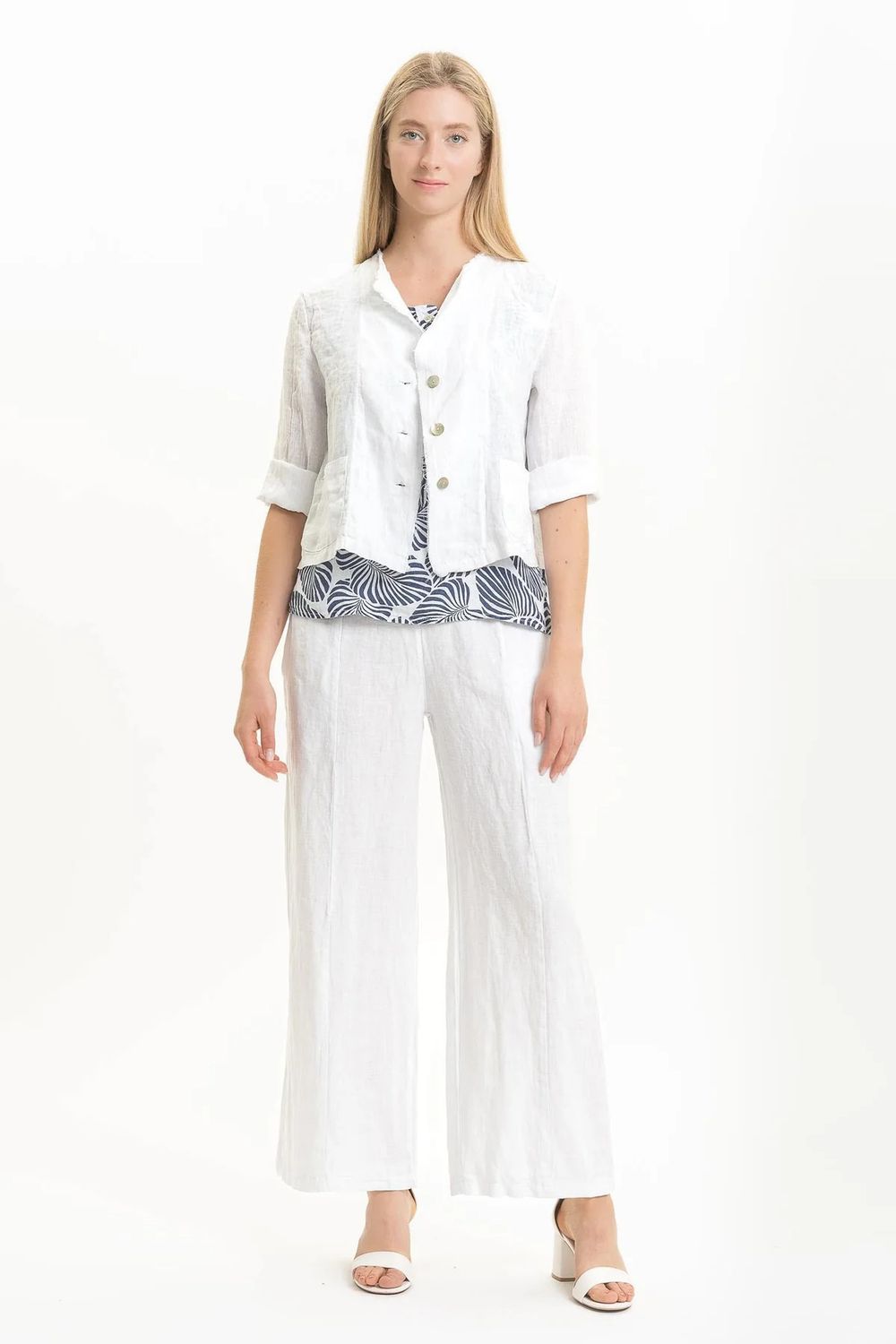 Crop French Linen Blazer, Color: Bianco, Size: XS