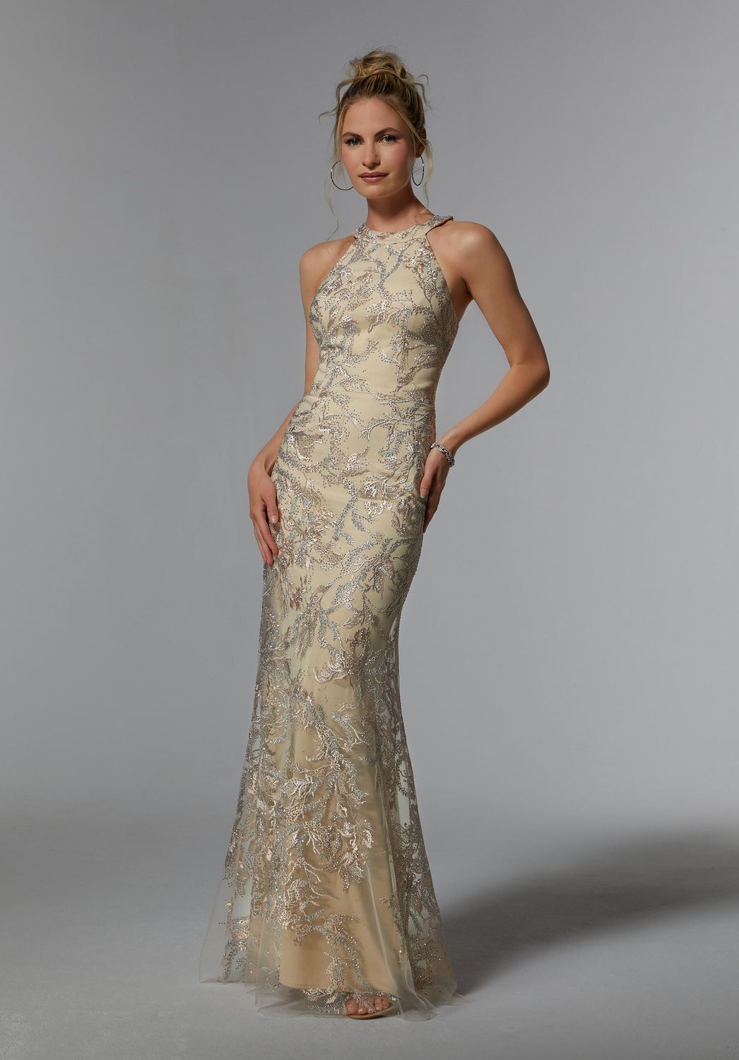 Embroidered Net Gown w/ Gunmetal Beading , Color: Champagne, Size: 6