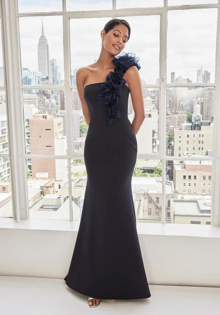 One Shoulder 3D Floral Strap Scuba Gown , Color: Navy, Size: 8