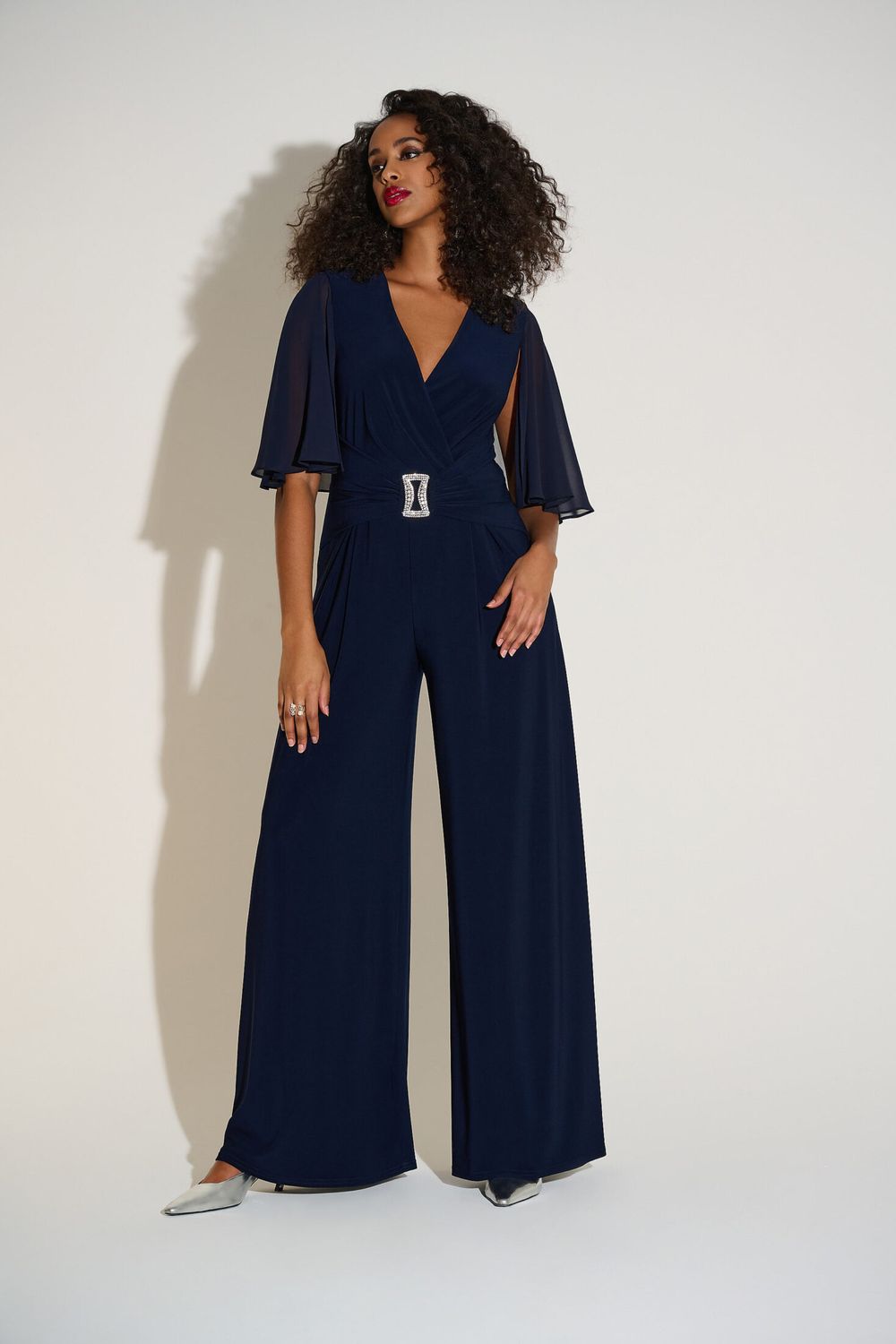 Belted Chiffon Cape Jumpsuit, Color: Midnight, Size: 12