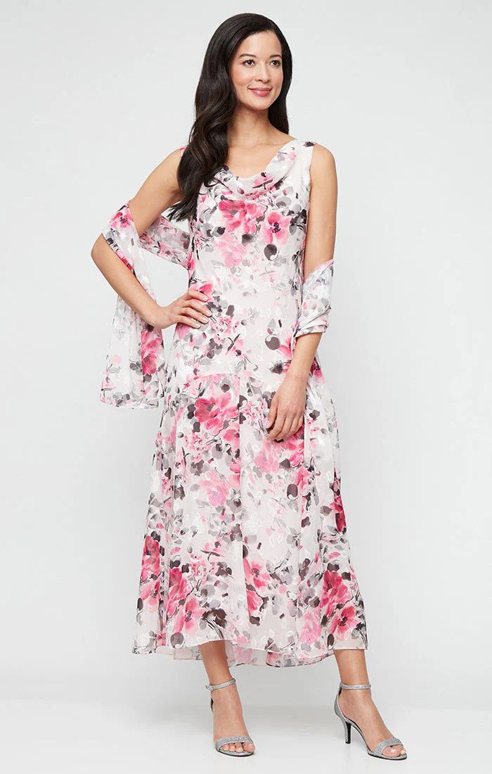 Floral Chiffon Cowl Neck Tea Length Dress, Color: Fuchsia/ Mix, Size: 12