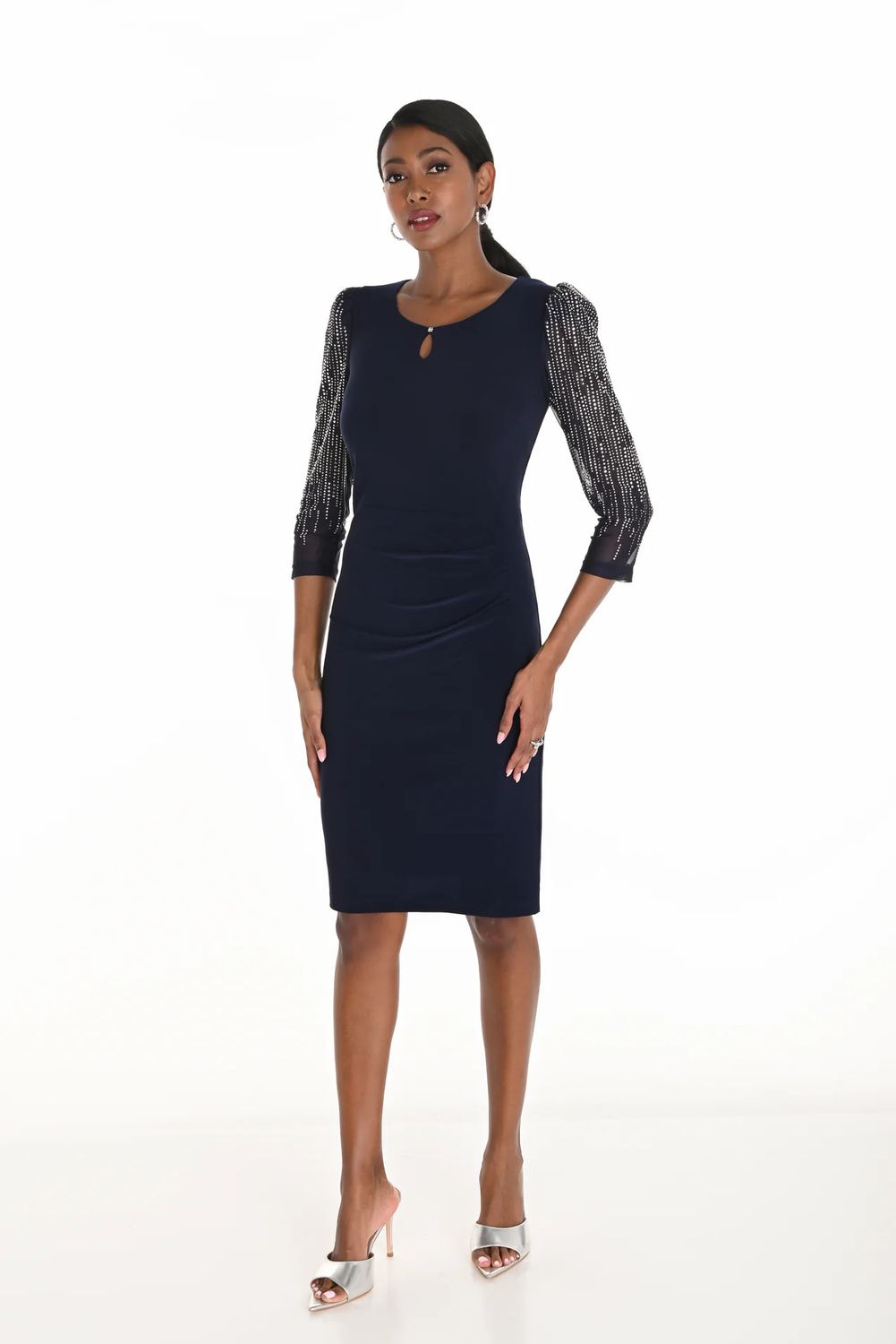 Jewel Embellished Knee- Length Dress, Color: Mid-Night, Size: S