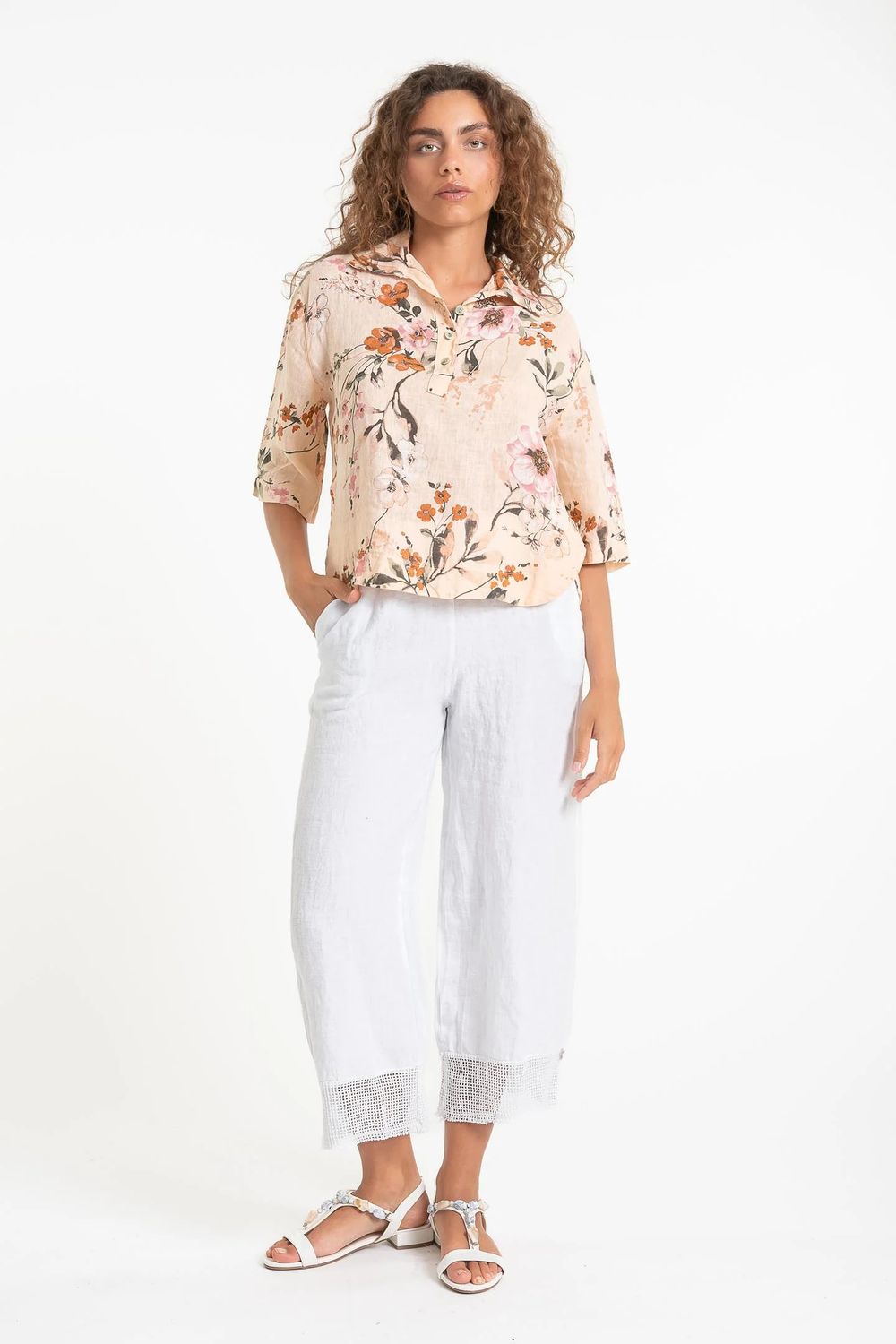 French Linen Mesh Hem Pant , Color: White, Size: XS
