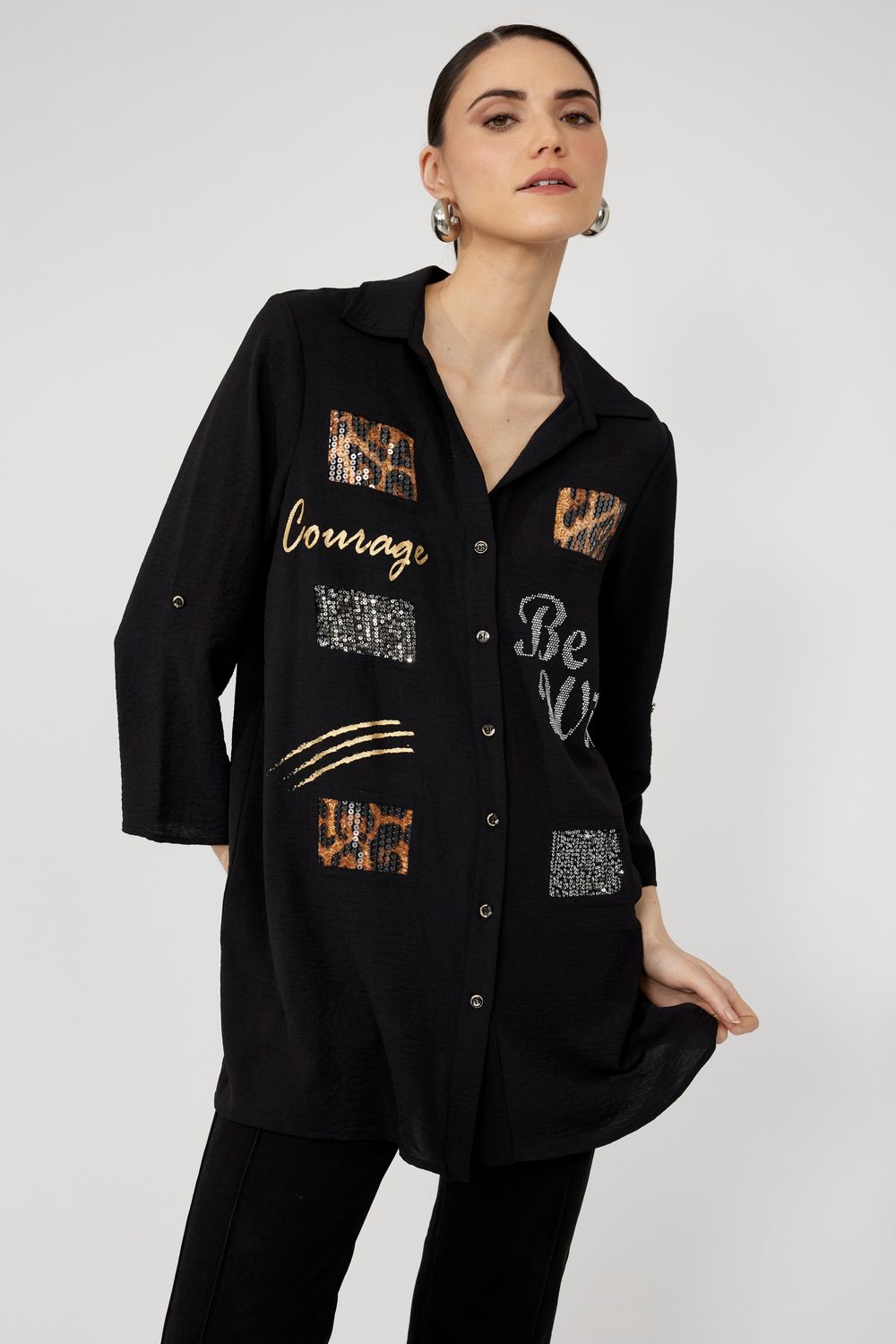 Embellished Button Blouse, Color: Black, Size: S