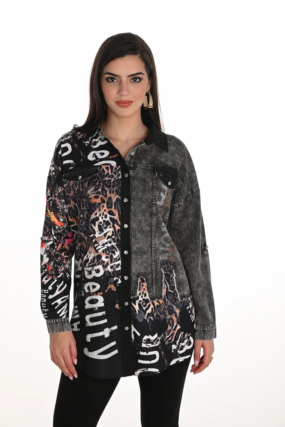 Denim Mix Embellished Print Blouse, Color: Blk/ Cheetah, Size: M