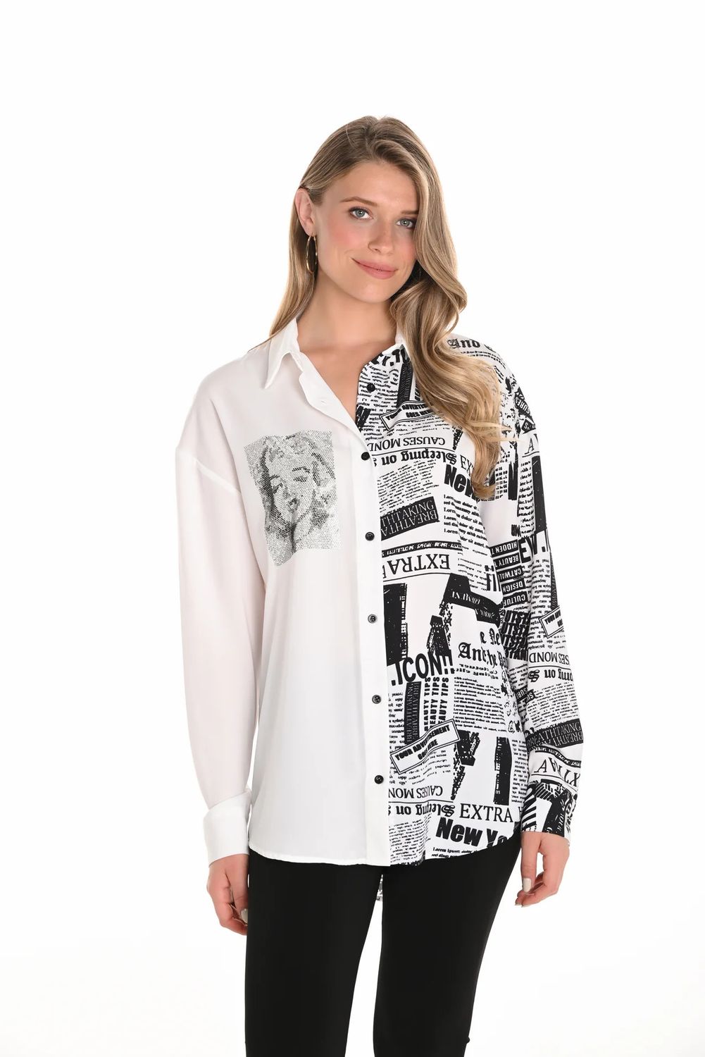 Graphic Button Blouse, Color: White/ Mix, Size: M