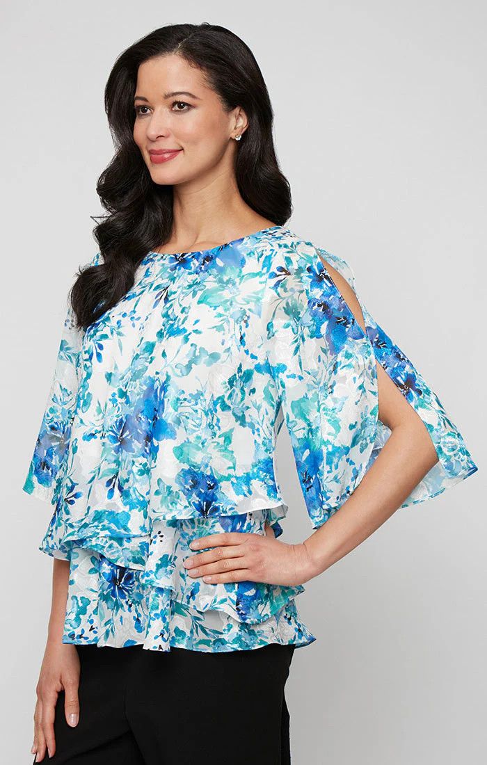 Chiffon Asymmetric Tulip Hem Top, Color: Ivory/ Green Mix, Size: M