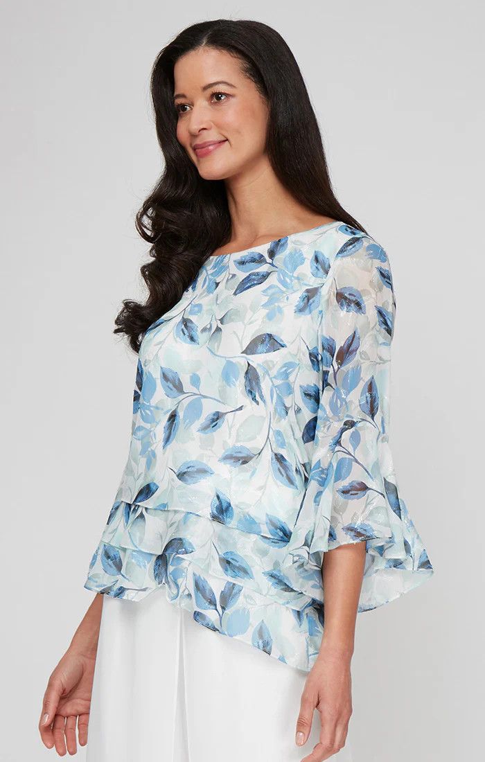 Triple Tier Bell Sleeve Top, Color: Ivory/Blue, Size: L