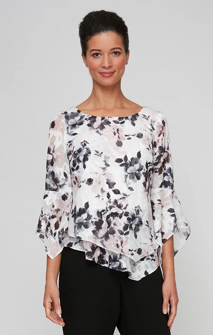 Bell sleeve chiffon print top, Color: pink/ ivory, Size: M
