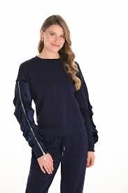 Ruffle Zip Sleeve Sweater , Color: Mid-Night Navy, Size: XS