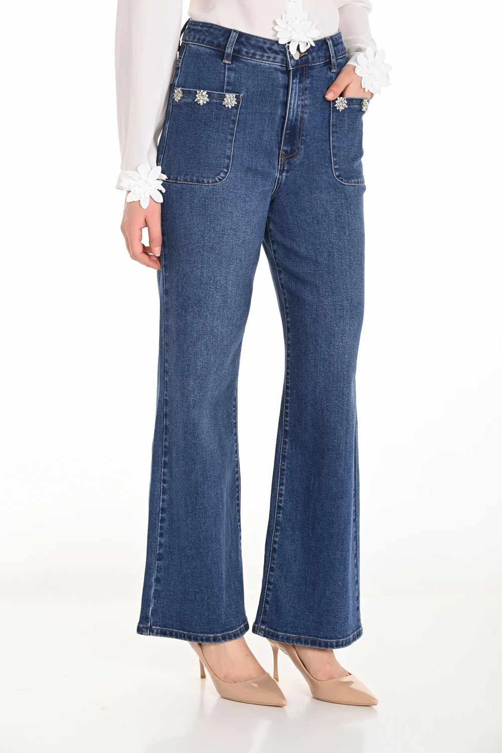 High-Waist Flare w/ Jewelled Pocket Detail, Color: True Denim, Size: S