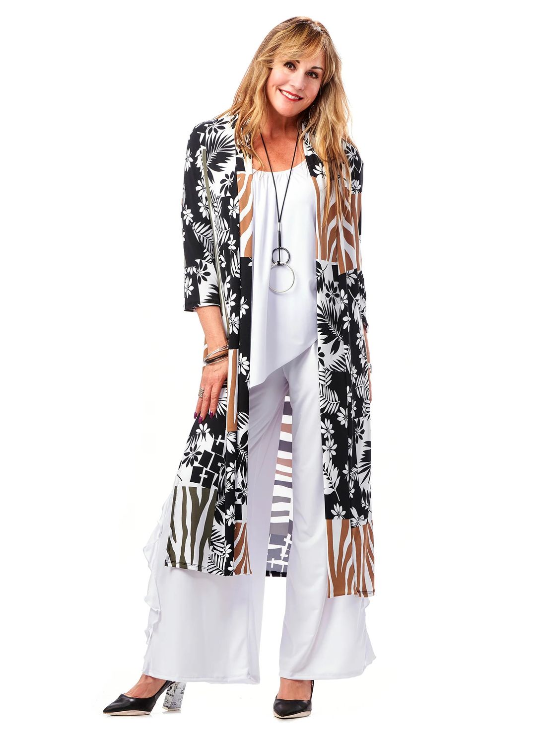 Leaf Print Duster, Color: Ivory  Mix, Size: S/M