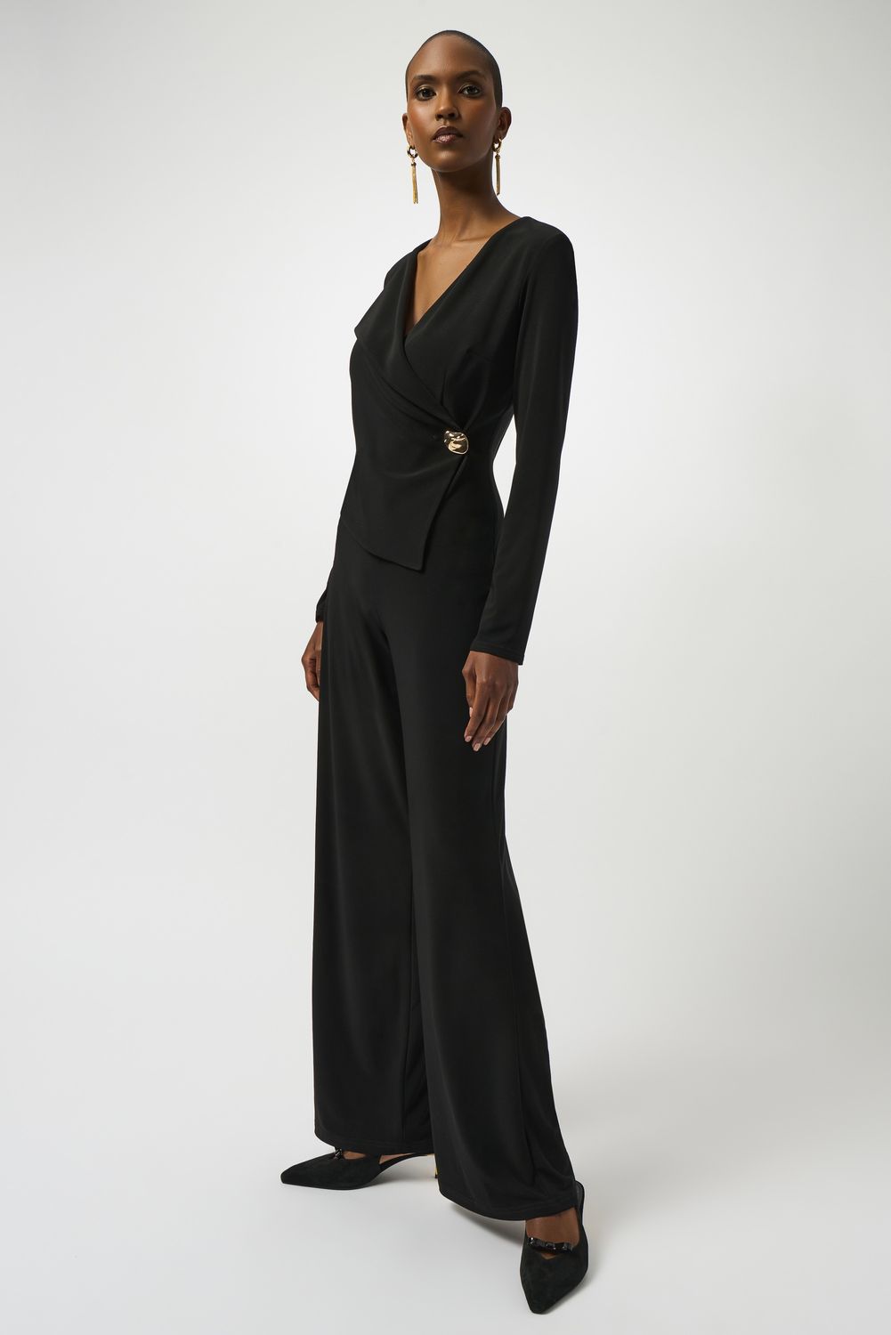V-neck Jumpsuit w/ Gold Buckle, Color: Black, Size: 10