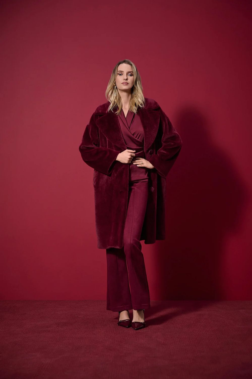 Faux Fur Notch Collar Coat , Color: Merlot, Size: S