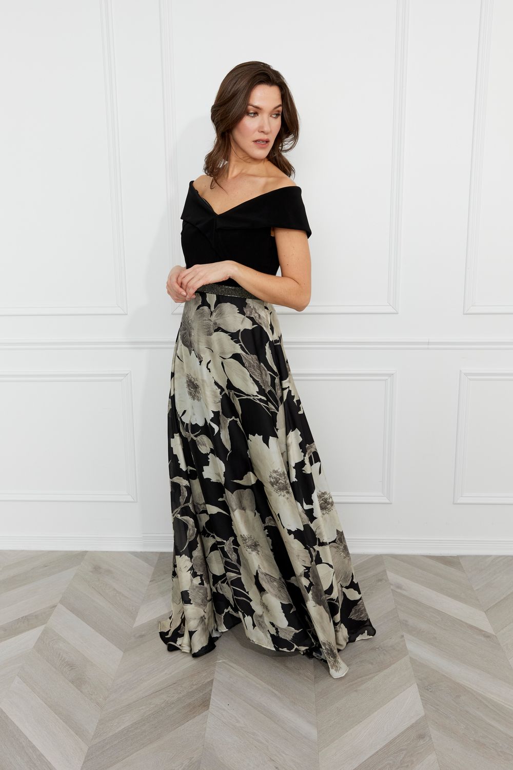 Floral Off -the- shoulder Maxi Dress, Color: Black/ Taupe Mix, Size: 8