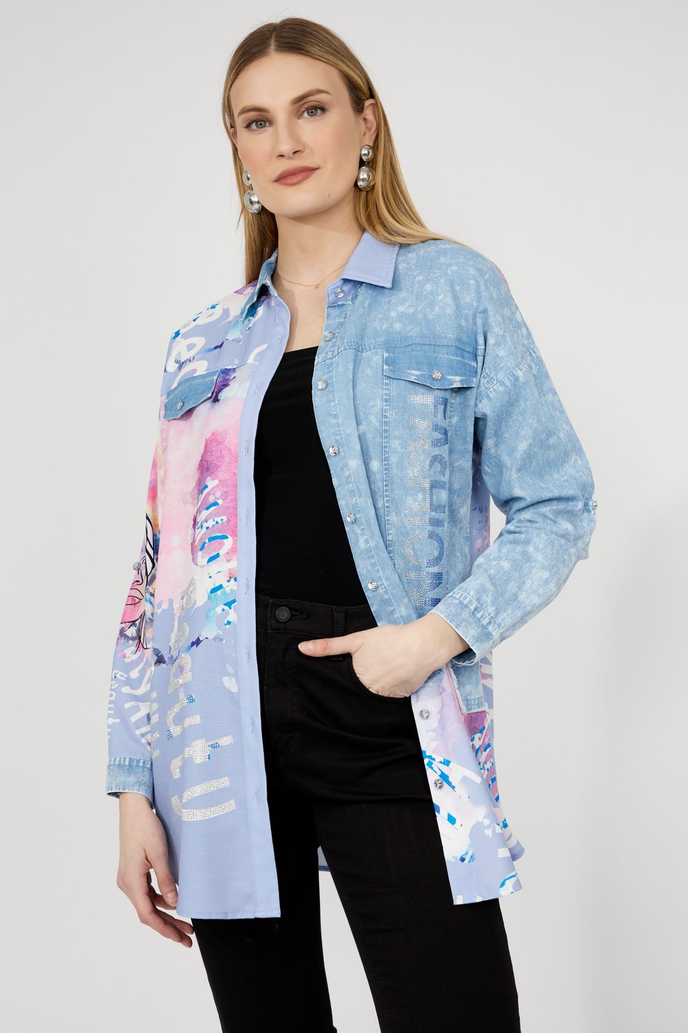 Chic Embellished Print Blouse , Color: Light Denim/ Pink, Size: M