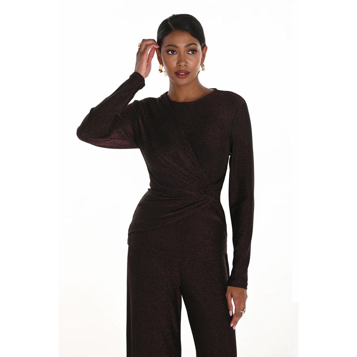 Glitter Knit Long Sleeve Wrap  Top, Color: Espresso, Size: 8