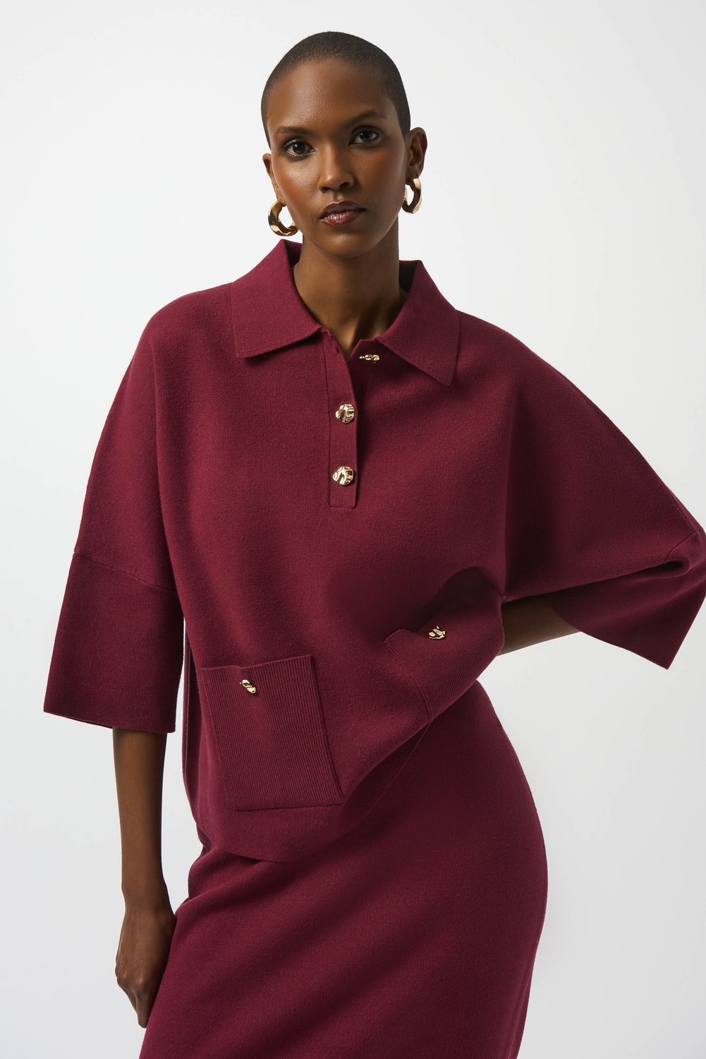 Button Closure Relax Fit Top, Color: Merlot, Size: XS