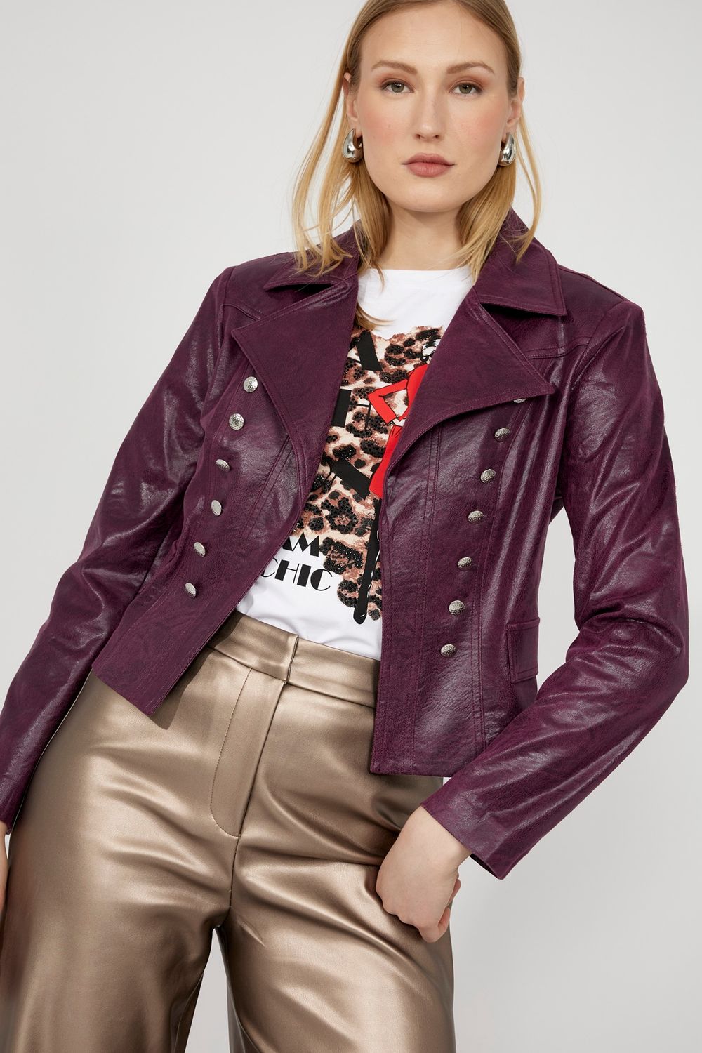 Button Detail Moto Jacket , Color: Plum, Size: S