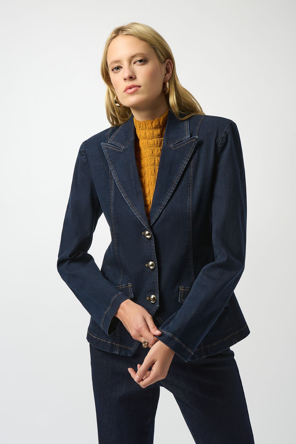 Collared Denim Blazer, Color: Indigo, Size: S